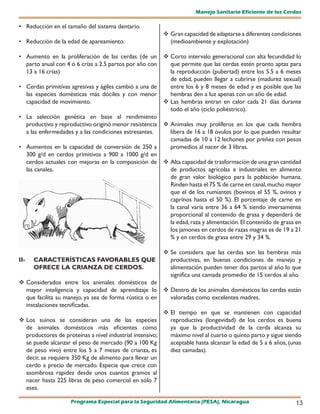 Manejo Sanitario Eficiente de los Cerdos

• Reducción en el tamaño del sistema dentario.
                                                          Gran capacidad de adaptarse a diferentes condiciones
• Reducción de la edad de apareamiento.                    (medioambiente y explotación)

• Aumento en la proliferación de las cerdas (de un  Corto intervalo generacional con alta fecundidad lo
  parto anual con 4 ó 6 crías a 2.5 partos por año con   que permite que las cerdas estén pronto aptas para
  13 a 16 crías)                                         la reproducción (pubertad) entre los 5.5 a 6 meses
                                                         de edad, pueden llegar a cubrirse (madurez sexual)
• Cerdas primitivas agresivas y ágiles cambió a una de   entre los 6 y 8 meses de edad y es posible que las
  las especies domésticas más dóciles y con menor        hembras den a luz apenas con un año de edad.
  capacidad de movimiento.                              Las hembras entran en calor cada 21 días durante
                                                         todo el año (ciclo poliéstrico).
• La selección genética en base al rendimiento
  productivo y reproductivo originó menor resistencia  Animales muy prolíferos en los que cada hembra
  a las enfermedades y a las condiciones estresantes.    libera de 16 a 18 óvulos por lo que pueden resultar
                                                         camadas de 10 a 12 lechones por preñez con pesos
• Aumentos en la capacidad de conversión de 250 a        promedios al nacer de 3 libras.
  300 g/d en cerdos primitivos a 900 a 1000 g/d en
  cerdos actuales con mejoras en la composición de  Alta capacidad de trasformación de una gran cantidad
  las canales.                                           de productos agrícolas e industriales en alimento
                                                         de gran valor biológico para la población humana.
                                                         Rinden hasta el 75 % de carne en canal, mucho mayor
                                                         que el de los rumiantes (bovinos el 55 %, ovinos y
                                                         caprinos hasta el 50 %). El porcentaje de carne en
                                                         la canal varía entre 36 a 64 % siendo inversamente
                                                         proporcional al contenido de grasa y dependerá de
                                                         la edad, raza y alimentación. El contenido de grasa en
                                                         los jamones en cerdos de razas magras es de 19 a 21
                                                         % y en cerdos de grasa entre 29 y 34 %.

                                                         	 considera que las cerdas son las hembras más
                                                          Se
II-   CARACTERÍSTICAS FAVORABLES QUE                      productivas, en buenas condiciones de manejo y
      OFRECE LA CRIANZA DE CERDOS.                        alimentación pueden tener dos partos al año lo que
                                                          significa una camada promedio de 15 cerdos al año.
 Considerados entre los animales domésticos de
  mayor inteligencia y capacidad de aprendizaje lo  Dentro de los animales domésticos las cerdas están
  que facilita su manejo, ya sea de forma rústica o en     valoradas como excelentes madres.
  instalaciones tecnificadas.
                                                          El tiempo en que se mantienen con capacidad
 Los suinos se consideran una de las especies             reproductiva (longevidad) de los cerdos es buena
  de animales domésticos más eficientes como               ya que la productividad de la cerda alcanza su
  productores de proteínas a nivel industrial intensivo;   máximo nivel al cuarto o quinto parto y sigue siendo
  se puede alcanzar el peso de mercado (90 a 100 Kg        aceptable hasta alcanzar la edad de 5 a 6 años, (unas
  de peso vivo) entre los 5 a 7 meses de crianza, es       diez camadas).
  decir, se requiere 350 Kg de alimento para llevar un
  cerdo a precio de mercado. Especie que crece con
  asombrosa rapidez desde unos cuantos gramos al
  nacer hasta 225 libras de peso comercial en sólo 7
  eses.

                    Programa Especial para la Seguridad Alimentaria (PESA), Nicaragua                        13
 