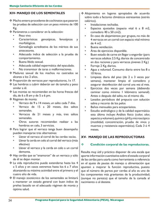 Manejo Sanitario Eficiente de los Cerdos

XIV- MANEJO DE LOS SEMENTALES                                 Alojamiento en lugares apropiados de acuerdo
                                                               sobre todo a factores climáticos estresantes (estrés
 Macho entero procedente de cochinatos que pasaron            calórico).
  las pruebas de selección con un peso mínimo de 100           •    Instalaciones techadas.
  Kg.                                                          •    Espacios ajustados (espacio vital 6 a 8 m2,
 Parámetros a considerar en la selección:                          comedero 40 a 50 cm2).
  •     Peso vivo                                              •    En caso de alojamientos por grupos, no más de
  •     Características genotípicas, fenotípicas y                  4 verracos en un corral con espacio vital mínimo
        morfológicas.                                               de 4 m2.
  •     Genealogía acreditativa de los méritos de sus          •    Buena ventilación.
        antecesores.                                           •    Área de ejercicios disponible.
  •     Adecuado índice de selección a la prueba de            •    Buen estado de carne sin llegar a engordar (para
        comportamiento.                                             verracos adultos 2.5 Kg. diarios de concentrado
  •     Buena libido sexual.                                        en dos raciones y para verracos jóvenes 2 Kg.)
  •     Adecuada calidad espermática del eyaculado.            •    Forraje 2 Kg. diarios.
  •     No transmisor de taras o malformaciones.               •    Agua a voluntad. Consumo diario entre los 8 a
 Madurez sexual de los machos no castrados se                      10 litros.
  alcanza a los 2 años.                                        •    Limpieza diaria del piso (de 2 a 3 veces por
 Proporción de verracos por reproductoras, 1x 17.                  semana), mantener limpio el comedero y
 Las hembras a cubrir deberán ser de tamaño y peso                 asegurar desinfección del corral una vez al mes.
  similar a él.                                                •    Ejercicios dos veces por semana (debiendo
 Las montas se recomiendan en las horas frescas del                caminar como mínimo 1 kilómetro semanal).
  día, de 6 a 8 am y de 5 a 6 pm.                                   Antes o después del salto, no el mismo día.
 Régimen de monta:                                            •    Lavados periódicos del prepucio con solución
  •     Verraco de 9 a 14 meses, un salto cada 7 días.              salina y recorte de los pelos
  •     Verraco de 15 a 20 meses, dos saltos                   •    Baños mensuales para ectoparásitos.
        semanales.                                             •    Estudio andrológico y de la calidad espermática
  •     Verracos de 21 meses y más, tres saltos                     esta última incluye: Análisis físico (color, olor,
        semanales.                                                  aspecto y volumen),químico (pH) y microscópico
  •     Otros autores recomiendan realizar a las                    (motilidad, concentración, prueba de vivos y
        hembras en celo, 3 servicios.                               muertos y resistencia espermática). Cada 3 ó 4
 Para lograr que el verraco tenga buen desempeño                   meses.
  pueden manejarse tres alternativas:
  •     Llevar el varraco al corral de las cerdas vacías.    XV- MANEJO DE LAS REPRODUCTORAS
  •     Llevar la cerda en celo al corral del verraco (más
        efectivo)                                                  Condición corporal de las reproductoras.
  •     Llevar el verraco y la cerda en celo a un corral
        demonta.                                             Resulta muy útil y práctico disponer de una escala que
 Hay cerdas que se “enamoran” de un verraco y sólo          aporte información cuantitativa sobre el estado corporal
  de él se dejan montar.                                     de las cerdas para usarla como herramienta o referencia
 La vida reproductiva puede extenderse hasta los 4          en el ajuste de pautas de manejo o alimentación que
  a 5 años y en casos extremos hasta los 6 a 7 años          apunten a mejorar la función reproductiva, puesto
  alcanzando su máxima actividad entre el primero y el       que el número de partos por cerdas al año es uno de
  cuatro año de vida.                                        los componentes más gravitantes de la productividad;
 El manejo zootécnico de los sementales se limitará         (aunque no parezca) que el tamaño de la camada al
  a mantener un estado general con buen índice de            nacimiento o al destete.
  preñez basado en el adecuado régimen de monta y
  óptima salud.


34                   Programa Especial para la Seguridad Alimentaria (PESA), Nicaragua
 