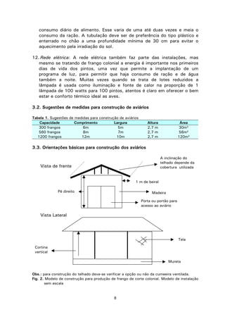 8
consumo diário de alimento. Esse varia de uma até duas vezes e meia o
consumo da ração. A tubulação deve ser de preferência do tipo plástico e
enterrado no chão a uma profundidade mínima de 30 cm para evitar o
aquecimento pela irradiação do sol.
12. Rede elétrica: A rede elétrica também faz parte das instalações, mas
mesmo se tratando de frango colonial a energia é importante nos primeiros
dias de vida dos pintos, uma vez que permite a implantação de um
programa de luz, para permitir que haja consumo de ração e de água
também a noite. Muitas vezes quando se trata de lotes reduzidos a
lâmpada é usada como iluminação e fonte de calor na proporção de 1
lâmpada de 100 watts para 100 pintos, atentos é claro em oferecer o bem
estar e conforto térmico ideal as aves.
3.2. Sugestões de medidas para construção de aviários
Tabela 1. Sugestões de medidas para construção de aviários
Capacidade Comprimento Largura Altura Área
300 frangos 6m 5m 2,7 m 30m²
560 frangos 8m 7m 2,7 m 56m²
1200 frangos 12m 10m 2,7 m 120m²
3.3. Orientações básicas para construção dos aviários
Obs.: para construção do telhado deve-se verificar a opção ou não da cumeeira ventilada.
Fig. 2. Modelo de construção para produção de frango de corte colonial. Modelo de instalação
sem escala
1 m de beiral
Pé direito
Mureta
lateral
Tela
A inclinação do
telhado depende da
cobertura utilizada
Porta ou portão para
acesso ao aviário
Madeira
Cortina
vertical
Vista de frente
Vista Lateral
 