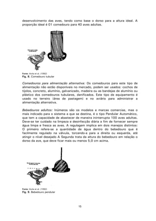 15
desenvolvimento das aves, tendo como base o dorso para a altura ideal. A
proporção ideal é 01 comedouro para 40 aves adultas.
Fonte: Avila et al. (1992)
Fig. 8. Comedouro tubular
Comedouros para alimentação alternativa: Os comedouros para este tipo de
alimentação não estão disponíveis no mercado, podem ser usados: cochos de
tijolos, concreto, alumínio, galvanizado, madeira ou as bandejas de alumínio ou
plástico dos comedouros tubulares, danificados. Este tipo de equipamento é
usado no terreiro (área de pastagem) e no aviário para administrar a
alimentação alternativa.
Bebedouros adultos: Inúmeros são os modelos e marcas comercias, mas o
mais indicado para o sistema a que se destina, é o tipo Pendular Automático,
que tem a capacidade de abastecer de maneira ininterrupta 100 aves adultas.
Deve-se ter cuidado na limpeza e desinfecção diária a fim de fornecer sempre
água limpa e fresca as aves. A regulagem implica em dois manejos distintos:
O primeiro refere-se a quantidade de água dentro do bebedouro que é
facilmente regulado na válvula, torcendo-a para a direita ou esquerda, até
atingir o nível desejado A Segunda trata da altura do bebedouro em relação o
dorso da ave, que deve ficar mais ou menos 5,0 cm acima.
Fonte: Avila et al. (1992)
Fig. 9. Bebedouro pendular
 