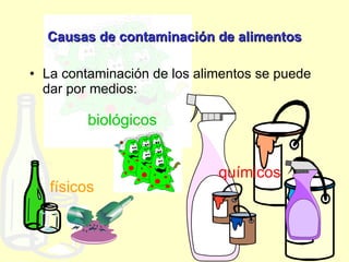 Causas de contaminación de alimentos La contaminación de los alimentos se puede dar por medios: químicos físicos biológicos 