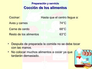 Preparación y servicio Cocción de los alimentos Después de preparada la comida no se debe tocar con las manos. No colocar muchos alimentos a cocer ya que tardarán demasiado. 