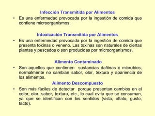 Infección Transmitida por Alimentos Es una enfermedad provocada por la ingestión de comida que contiene microorganismos. Intoxicación Transmitida por Alimentos Es una enfermedad provocada por la ingestión de comida que presenta toxinas o veneno. Las toxinas son naturales de ciertas plantas y pescados o son producidas por microorganismos. Alimento Contaminado Son aquellos que contienen  sustancias dañinas o microbios, normalmente no cambian sabor, olor, textura y apariencia de los alimentos.  Alimento Descompuesto Son más fáciles de detectar  porque presentan cambios en el color, olor, sabor, textura, etc., lo cual evita que se consuman, ya que se identifican con los sentidos (vista, olfato, gusto, tacto). 