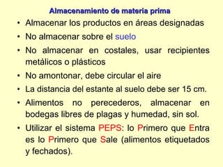 Almacenar los productos en áreas designadas No almacenar sobre el  suelo No almacenar en costales, usar recipientes metálicos o plásticos No amontonar, debe circular el aire La distancia del estante al suelo debe ser 15 cm. Alimentos no perecederos, almacenar en bodegas libres de plagas y humedad, sin sol. Utilizar el sistema  PEPS : lo  P rimero que  E ntra es lo  P rimero que  S ale (alimentos etiquetados y fechados). Almacenamiento de materia prima 