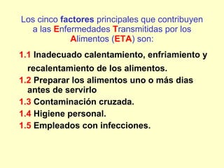 Los cinco  factores  principales que contribuyen a las  E nfermedades  T ransmitidas por los  A limentos ( ETA ) son: 1.1  Inadecuado calentamiento, enfriamiento y recalentamiento de los alimentos. 1.2  Preparar los alimentos uno o más dias antes de servirlo 1.3  Contaminación cruzada. 1.4  Higiene personal. 1.5  Empleados con infecciones. 