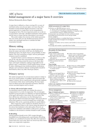 ABC of burns
Initial management of a major burn: I—overview
Shehan Hettiaratchy, Remo Papini
A major burn is defined as a burn covering 25% or more of
total body surface area, but any injury over more than 10%
should be treated similarly. Rapid assessment is vital. The
general approach to a major burn can be extrapolated to
managing any burn. The most important points are to take an
accurate history and make a detailed examination of the patient
and the burn, to ensure that key information is not missed.
This article outlines the structure of the initial assessment.
The next article will cover the detailed assessment of burn
surface area and depth and how to calculate the fluid
resuscitation formula.
History taking
The history of a burn injury can give valuable information
about the nature and extent of the burn, the likelihood of
inhalational injury, the depth of burn, and probability of other
injuries. The exact mechanism of injury and any prehospital
treatment must be established.
A patient’s history must be obtained on admission, as this
may be the only time that a first hand history is obtainable.
Swelling may develop around the airway in the hours after
injury and require intubation, making it impossible for the
patient to give a verbal history. A brief medical history should
be taken, outlining previous medical problems, medications,
allergies, and vaccinations. Patients’ smoking habits should be
determined as these may affect blood gas analyses.
Primary survey
The initial management of a severely burnt patient is similar to
that of any trauma patient. A modified “advanced trauma life
support” primary survey is performed, with particular emphasis
on assessment of the airway and breathing. The burn injury
must not distract from this sequential assessment, otherwise
serious associated injuries may be missed.
A—Airway with cervical spine control
An assessment must be made as to whether the airway is
compromised or is at risk of compromise. The cervical spine
should be protected unless it is definitely not injured. Inhalation
of hot gases will result in a burn above the vocal cords. This
burn will become oedematous over the following hours,
especially after fluid resuscitation has begun. This means that an
airway that is patent on arrival at hospital may occlude after
admission. This can be a particular problem in small children.
Direct inspection of the oropharynx should be done by a
senior anaesthetist. If there is any concern about the patency of
the airway then intubation is the safest policy. However, an
unnecessary intubation and sedation could worsen a patient’s
condition, so the decision to intubate should be made carefully.
B—Breathing
All burn patients should receive 100% oxygen through a
humidified non-rebreathing mask on presentation. Breathing
problems are considered to be those that affect the respiratory
system below the vocal cords. There are several ways that a burn
injury can compromise respiration.
Initial assessment of a major burn
x Perform an ABCDEF primary survey
A—Airway with cervical spine control, B—Breathing,
C—Circulation, D—Neurological disability, E—Exposure with
environmental control, F—Fluid resuscitation
x Assess burn size and depth (see later article for detail)
x Establish good intravenous access and give fluids
x Give analgesia
x Catheterise patient or establish fluid balance monitoring
x Take baseline blood samples for investigation
x Dress wound
x Perform secondary survey, reassess, and exclude or treat associated
injuries
x Arrange safe transfer to specialist burns facility
Key points of a burn history
Exact mechanism
x Type of burn agent (scald,
flame, electrical, chemical)
x How did it come into contact
with patient?
x What first aid was performed?
x What treatment has been
started?
x Is there risk of concomitant
injuries (such as fall from height,
road traffic crash, explosion)?
x Is there risk of inhalational
injuries (did burn occur in an
enclosed space)?
Exact timings
x When did the injury occur?
x How long was patient exposed
to energy source?
x How long was cooling applied?
x When was fluid resuscitation
started?
Exact injury
Scalds
x What was the liquid? Was it
boiling or recently boiled?
x If tea or coffee, was milk in it?
x Was a solute in the liquid?
(Raises boiling temperature
and causes worse injury, such
as boiling rice)
Electrocution injuries
x What was the voltage (domestic
or industrial)?
x Was there a flash or arcing?
x Contact time
Chemical injuries
x What was the chemical?
Is there any suspicion of non-accidental injury?
x See previous article
Airway management
Signs of inhalational injury
x History of flame burns or burns in
an enclosed space
x Full thickness or deep dermal burns
to face, neck, or upper torso
x Singed nasal hair
x Carbonaceous sputum or carbon
particles in oropharynx
Indications for intubation
x Erythema or swelling of
oropharynx on direct
visualisation
x Change in voice, with
hoarseness or harsh cough
x Stridor, tachypnoea, or
dyspnoea
Carbonaceous particles
staining a patient’s face after
a burn in an enclosed space.
This suggests there is
inhalational injury
This is the fourth in a series of 12 articles
Clinical review
1555BMJ VOLUME 328 26 JUNE 2004 bmj.com
 