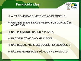 Fungicida ideal
 ALTA TOXICIDADE INERENTE AO PATÓGENO
 GRANDE ESTABILIDADE MESMO SOB CONDIÇÕES
ADVERSAS
 NÃO PROVOQUE DANOS À PLANTA
 NÃO SEJA TÓXICO AO APLICADOR
 NÃO DESENCADEIE DESEQUILÍBRIO ECOLÓGICO
 NÃO DEIXE RESÍDUOS TÓXICOS NO PRODUTO
 