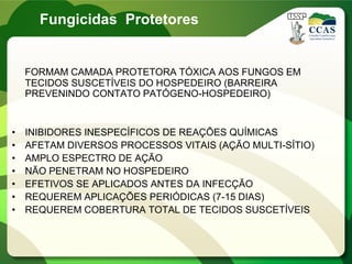 FORMAM CAMADA PROTETORA TÓXICA AOS FUNGOS EM
TECIDOS SUSCETÍVEIS DO HOSPEDEIRO (BARREIRA
PREVENINDO CONTATO PATÓGENO-HOSPEDEIRO)
• INIBIDORES INESPECÍFICOS DE REAÇÕES QUÍMICAS
• AFETAM DIVERSOS PROCESSOS VITAIS (AÇÃO MULTI-SÍTIO)
• AMPLO ESPECTRO DE AÇÃO
• NÃO PENETRAM NO HOSPEDEIRO
• EFETIVOS SE APLICADOS ANTES DA INFECÇÃO
• REQUEREM APLICAÇÕES PERIÓDICAS (7-15 DIAS)
• REQUEREM COBERTURA TOTAL DE TECIDOS SUSCETÍVEIS
Fungicidas Protetores
 
