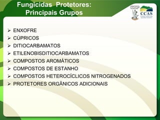  ENXOFRE
 CÚPRICOS
 DITIOCARBAMATOS
 ETILENOBISDITIOCARBAMATOS
 COMPOSTOS AROMÁTICOS
 COMPOSTOS DE ESTANHO
 COMPOSTOS HETEROCÍCLICOS NITROGENADOS
 PROTETORES ORGÂNICOS ADICIONAIS
Fungicidas Protetores:
Principais Grupos
 