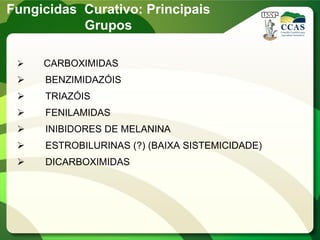  CARBOXIMIDAS
 BENZIMIDAZÓIS
 TRIAZÓIS
 FENILAMIDAS
 INIBIDORES DE MELANINA
 ESTROBILURINAS (?) (BAIXA SISTEMICIDADE)
 DICARBOXIMIDAS
Fungicidas Curativo: Principais
Grupos
 