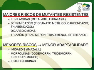 MAIORES RISCOS DE MUTANTES RESISTENTES
– FENILAMIDAS (METALAXIL, FURALAXIL)
– BENZIMIDAZÓIS (TIOFANATO METÍLICO, CARBENDAZIM,
THIABENDAZOL)
– DICARBOXIMIDAS
– TRIAZÓIS (TRIADIMEFON, TRIADIMENOL, BITERTANOL)
MENORES RISCOS  MENOR ADAPTABILIDADE
– IMIDAZÓIS (IMAZALIL)
– MORFOLINAS (DODEMORPH, TRIDEMORPH,
FENPROPEMORPH)
– ESTROBILURINAS
 