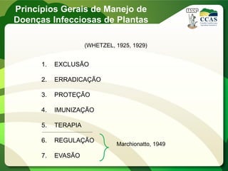 (WHETZEL, 1925, 1929)
1. EXCLUSÃO
2. ERRADICAÇÃO
3. PROTEÇÃO
4. IMUNIZAÇÃO
5. TERAPIA
6. REGULAÇÃO
7. EVASÃO
Marchionatto, 1949
Princípios Gerais de Manejo de
Doenças Infecciosas de Plantas
 