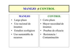 MANEJO ≠ CONTROL

         MANEJO                     CONTROL
•    Largo plazo           •   Corto plazo
•    Uso racional de       •   Mayor necesidad de
    insumos                    insumos
•    Estudios ecológicos   •    Pruebas de eficacia
•   Uso sustentable de     •    Resistencia /
    recursos                   Contaminación
 
