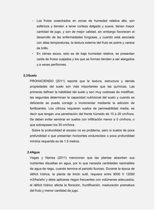 - Los frutos cosechados en zonas de humedad relativa alta, son
esféricos y tienden a tener corteza delgada y suave, tienen mayor
cantidad de jugo, y son de mejor calidad, sin embargo favorecen al
desarrollo de las enfermedades fungosas, y cuando está asociada
con altas temperaturas, la textura externa del fruto es pobre y carece
de brillo.
- En climas secos, esto es de baja humedad relativa, se presentan
caída de frutos cuajados y los que se forman tienden a ser alargados
y a veces periformes.
2.3Suelo
PROHACIENDO (2011) reporta que la textura, estructura y demás
propiedades del suelo son más importantes que las químicas. Las
primeras definen la habilidad del suelo y son muy costosas de modificar,
las segundas determinan la capacidad nutricional del suelo y cuando es
deficiente se puede corregir o incrementar mediante la adicción de
fertilizantes. Los cítricos requieren suelos de permeabilidad media, es
decir que tengan una penetración del frente húmedo de 10 a 20 cm/hora.
Se deben evitar sembrar en suelos con infiltración menor a 5 cm/hora, o
que sobrepasen los 30 cm/hora.
Sobre la profundidad el exceso no es problema, pero si suelos de poca
profundidad o que presentan horizontes endurecidos o poca profundidad
mínima requerida es de 1.5 metros.
2.4Agua
Vegas y Narrea (2011) mencionan que las plantas absorben sus
nutrientes disueltas en agua, por lo que necesita cantidades razonables
de agua de riego, cuando termina el periodo lluvioso. Durante la época de
déficit hídrica, la planta de limón sutil, requiere entre 9000 0 12000
m3/ha/año y debe aplicarse riegos frecuentes con volúmenes adecuados;
el déficit hídrico afecta la floración, fructificación, maduración prematura
del fruto y menor cantidad de jugo.
 