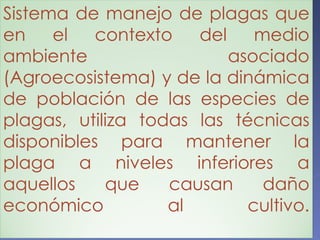 Sistema de manejo de plagas que en el contexto del medio ambiente asociado (Agroecosistema) y de la dinámica de población de las especies de plagas, utiliza todas las técnicas disponibles para mantener la plaga a niveles inferiores a aquellos que causan daño económico al cultivo. 