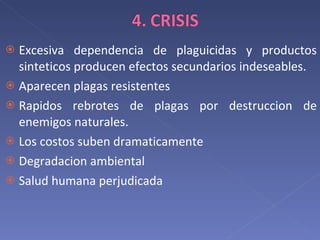Excesiva dependencia de plaguicidas y productos sinteticos producen efectos secundarios indeseables. Aparecen plagas resistentes Rapidos rebrotes de plagas por destruccion de enemigos naturales. Los costos suben dramaticamente Degradacion ambiental Salud humana perjudicada 