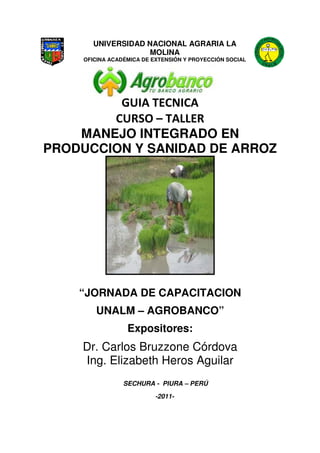 UNIVERSIDAD NACIONAL AGRARIA LA 
MOLINA 
OFICINA ACADÉMICA DE EXTENSIÓN Y PROYECCIÓN SOCIAL 
AGROBANCO 
GUIA TECNICA 
CURSO – TALLER 
MANEJO INTEGRADO EN 
PRODUCCION Y SANIDAD DE ARROZ 
“JORNADA DE CAPACITACION 
UNALM – AGROBANCO” 
Expositores: 
Dr. Carlos Bruzzone Córdova 
Ing. Elizabeth Heros Aguilar 
SECHURA - PIURA – PERÚ 
-2011- 
 