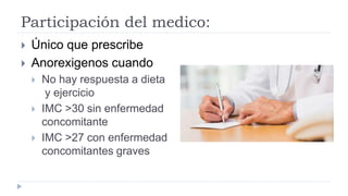 Participación del medico:
 Único que prescribe
 Anorexigenos cuando
 No hay respuesta a dieta
y ejercicio
 IMC >30 sin enfermedad
concomitante
 IMC >27 con enfermedad
concomitantes graves
 
