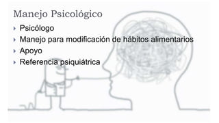 Manejo Psicológico
 Psicólogo
 Manejo para modificación de hábitos alimentarios
 Apoyo
 Referencia psiquiátrica
 