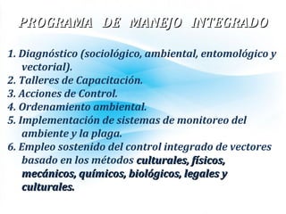 PROGRAMA DE MANEJO INTEGRADOPROGRAMA DE MANEJO INTEGRADO
1. Diagnóstico (sociológico, ambiental, entomológico y
vectorial).
2. Talleres de Capacitación.
3. Acciones de Control.
4. Ordenamiento ambiental.
5. Implementación de sistemas de monitoreo del
ambiente y la plaga.
6. Empleo sostenido del control integrado de vectores
basado en los métodos culturales, físicos,culturales, físicos,
mecánicos, químicos, biológicos, legales ymecánicos, químicos, biológicos, legales y
culturales.culturales.
 