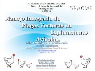 Manejo Integrado deManejo Integrado de
Plagas Vectoras enPlagas Vectoras en
ExplotacionesExplotaciones
Avícolas.Avícolas.
Asociación de Avicultores de SantaAsociación de Avicultores de Santa
Cruz X Jornada Nacional deCruz X Jornada Nacional de
BioseguridadBioseguridad
BOLIVIABOLIVIA
GRACIASGRACIAS
 