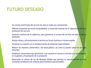 FUTURO DESEADO
• Un manejo planificado del servicio de aseo en todos sus componentes
• Obtener economías de escala comprobables, a través del fomento de la regionalización en la
prestación del servicio
• Aumento continuo de la cobertura, para garantizar el acceso del servicio de aseo a toda la
población
• Prestar eficaz y eficientemente el servicio en forma continua e ininterrumpida
• Fomentar la creación y/o el fortalecimiento de empresas especializadas
• Reducir los impactos ambientales y de salud pública, así como la presión sobre los recursos
naturales
• Establecer mecanismos que garanticen a los usuarios el acceso al servicio y su participación
en la gestión y fiscalización de la prestación
• Desarrollar la cultura de los No Residuos Sólidos que permita la reincorporación al ciclo
económico productivo de residuos potencialmente aprovechables
 