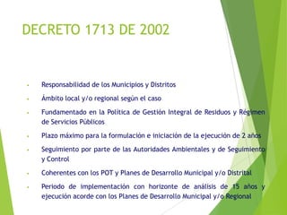 DECRETO 1713 DE 2002
• Responsabilidad de los Municipios y Distritos
• Ámbito local y/o regional según el caso
• Fundamentado en la Política de Gestión Integral de Residuos y Régimen
de Servicios Públicos
• Plazo máximo para la formulación e iniciación de la ejecución de 2 años
• Seguimiento por parte de las Autoridades Ambientales y de Seguimiento
y Control
• Coherentes con los POT y Planes de Desarrollo Municipal y/o Distrital
• Periodo de implementación con horizonte de análisis de 15 años y
ejecución acorde con los Planes de Desarrollo Municipal y/o Regional
 