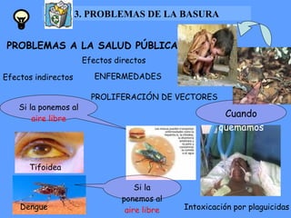 PROBLEMAS A LA SALUD PÚBLICA Efectos directos ENFERMEDADES Intoxicación por plaguicidas Efectos indirectos PROLIFERACIÓN DE VECTORES Dengue Si la ponemos al  aire libre Si la ponemos al  aire libre Cuando  quemamos Tifoidea 3. PROBLEMAS DE LA BASURA 