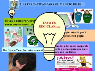 Si vas a comprar, prefiere cosas con envases reciclables Utilizar papel usado para hacer tarjetas con papel reciclado Haz “abono” con los restos de comida   Coloca las pilas en un recipiente (botella plástico) para que no se mezcle con los demás Tienen este símbolo 2 5. ALTERNATIVAS PARA EL MANEJO DE RS  ESTO ES RECICLAR¡¡¡¡ 