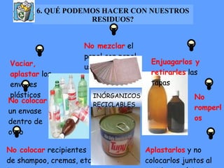 6. QUÉ PODEMOS HACER CON NUESTROS RESIDUOS? Vaciar, aplastar  los envases plásticos No colocar  un envase dentro de otro No mezclar  el papel con papel usado en el baño No colocar  recipientes de shampoo, cremas, etc juntos. Enjuagarlos y retirarles  las tapas No romperlos Aplastarlos  y no colocarlos juntos al residuo orgánico INÓRGANICOS RECICLABLES 