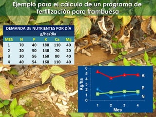 Ejemplo para el cálculo de un programa de
           fertilización para frambuesa

DEMANDA DE NUTRIENTES POR DÍA
              g/ha/dia
MES  N     P    K     Ca Mg
 1   70    40 180 110 40
 2   20    50 140 70       20
 3   30    56 160 80       40
 4   40    54 160 110 40


                                           K

                                           P
                                           N
 