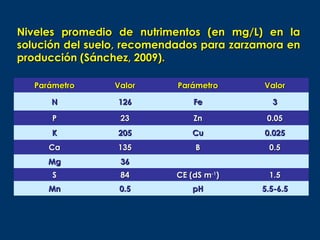 Niveles promedio de nutrimentos (en mg/L) en la
solución del suelo, recomendados para zarzamora en
producción (Sánchez, 2009).

   Parámetro     Valor      Parámetro      Valor

      N          126            Fe           3

      P           23            Zn          0.05
      K          205            Cu         0.025
      Ca         135            B           0.5
      Mg          36
       S          84        CE (dS m-1)     1.5
      Mn          0.5           pH         5.5-6.5
 