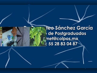 Dr. Prometeo Sánchez García
  Colegio de Postgraduados
     promet@colpos.mx
      Cel: 55 28 83 04 87
 