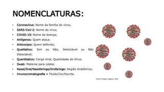 NOMENCLATURAS:
• Coronavírus: Nome da família do vírus;
• SARS-CoV-2: Nome do vírus;
• COVID-19: Nome da doença;
• Antígenos: Quem ataca;
• Anticorpos: Quem defende;
• Qualitativo: Sim ou Não, Detectável ou Não
Detectável;
• Quantitativo: Carga Viral, Quantidade de Vírus;
• Swab: Material para coleta;
• Nasal/Oral/Nasofaringe/Orofaringe: Região Anatômica;
• Imunocromatografia = Fluido/Cor/Escrita.
Fonte: Google Imagens, 2022.
 