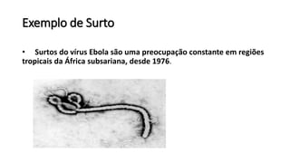 Exemplo de Surto
• Surtos do vírus Ebola são uma preocupação constante em regiões
tropicais da África subsariana, desde 1976.
 