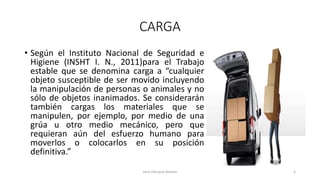 CARGA
• Según el Instituto Nacional de Seguridad e
Higiene (INSHT I. N., 2011)para el Trabajo
estable que se denomina carga a “cualquier
objeto susceptible de ser movido incluyendo
la manipulación de personas o animales y no
sólo de objetos inanimados. Se considerarán
también cargas los materiales que se
manipulen, por ejemplo, por medio de una
grúa u otro medio mecánico, pero que
requieran aún del esfuerzo humano para
moverlos o colocarlos en su posición
definitiva.”
Jairo Fonseca Alvarez 4
 