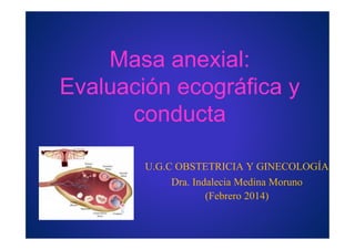 Masa anexial: 
Evaluación ecográfica y 
ccoonndduuccttaa 
U.G.C OBSTETRICIA Y GINECOLOGÍA 
Dra. Indalecia Medina Moruno 
(Febrero 2014) 
 