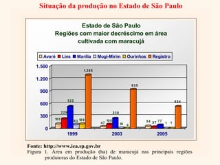 Situação da produção no Estado de São Paulo
105
229
522
93 109
1.285
47
100
238
10 0
935
54 37 77
1 1
524
0
300
600
900
1.200
1.500
1999 2003 2005
Estado de São Paulo
Regiões com maior decréscimo em área
cultivada com maracujá
Avaré Lins Marília Mogi-Mirim Ourinhos Registro
Fonte: http://www.iea.sp.gov.br
Figura 1. Área em produção (ha) de maracujá nas principais regiões
produtoras do Estado de São Paulo.
 