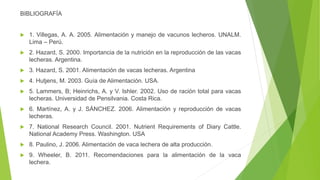 BIBLIOGRAFÍA
 1. Villegas, A. A. 2005. Alimentación y manejo de vacunos lecheros. UNALM.
Lima – Perú.
 2. Hazard, S. 2000. Importancia de la nutrición en la reproducción de las vacas
lecheras. Argentina.
 3. Hazard, S. 2001. Alimentación de vacas lecheras. Argentina
 4. Hutjens, M. 2003. Guía de Alimentación. USA.
 5. Lammers, B; Heinrichs, A. y V. Ishler. 2002. Uso de ración total para vacas
lecheras. Universidad de Pensilvania. Costa Rica.
 6. Martínez, A. y J. SÁNCHEZ. 2006. Alimentación y reproducción de vacas
lecheras.
 7. National Research Council. 2001. Nutrient Requirements of Diary Cattle.
National Academy Press. Washington. USA
 8. Paulino, J. 2006. Alimentación de vaca lechera de alta producción.
 9. Wheeler, B. 2011. Recomendaciones para la alimentación de la vaca
lechera.
 