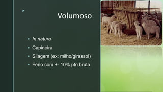 zz
Volumoso
 In natura
 Capineira
 Silagem (ex: milho/girassol)
 Feno com +- 10% ptn bruta
 