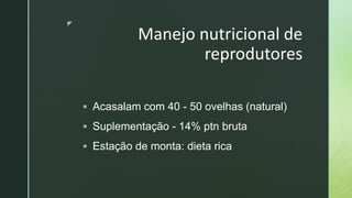 z
Manejo nutricional de
reprodutores
 Acasalam com 40 - 50 ovelhas (natural)
 Suplementação - 14% ptn bruta
 Estação de monta: dieta rica
 