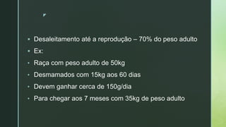 z
 Desaleitamento até a reprodução – 70% do peso adulto
 Ex:
• Raça com peso adulto de 50kg
• Desmamados com 15kg aos 60 dias
• Devem ganhar cerca de 150g/dia
• Para chegar aos 7 meses com 35kg de peso adulto
 