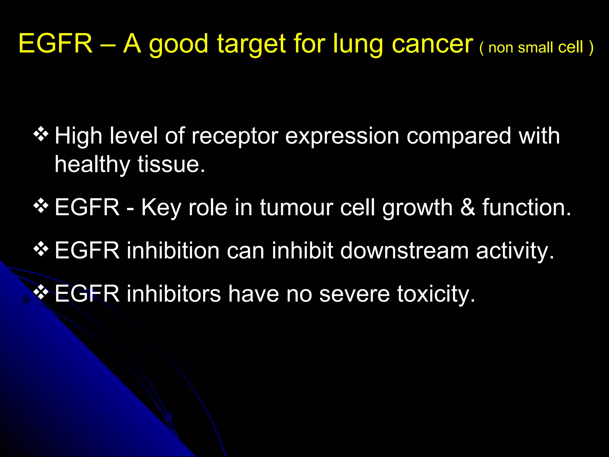 EGFR – A good target for lung cancer   ( non small  cell ) High level of receptor expression compared with healthy tissue. EGFR - Key role in tumour cell growth & function. EGFR inhibition can inhibit downstream activity. EGFR inhibitors have no severe toxicity.  