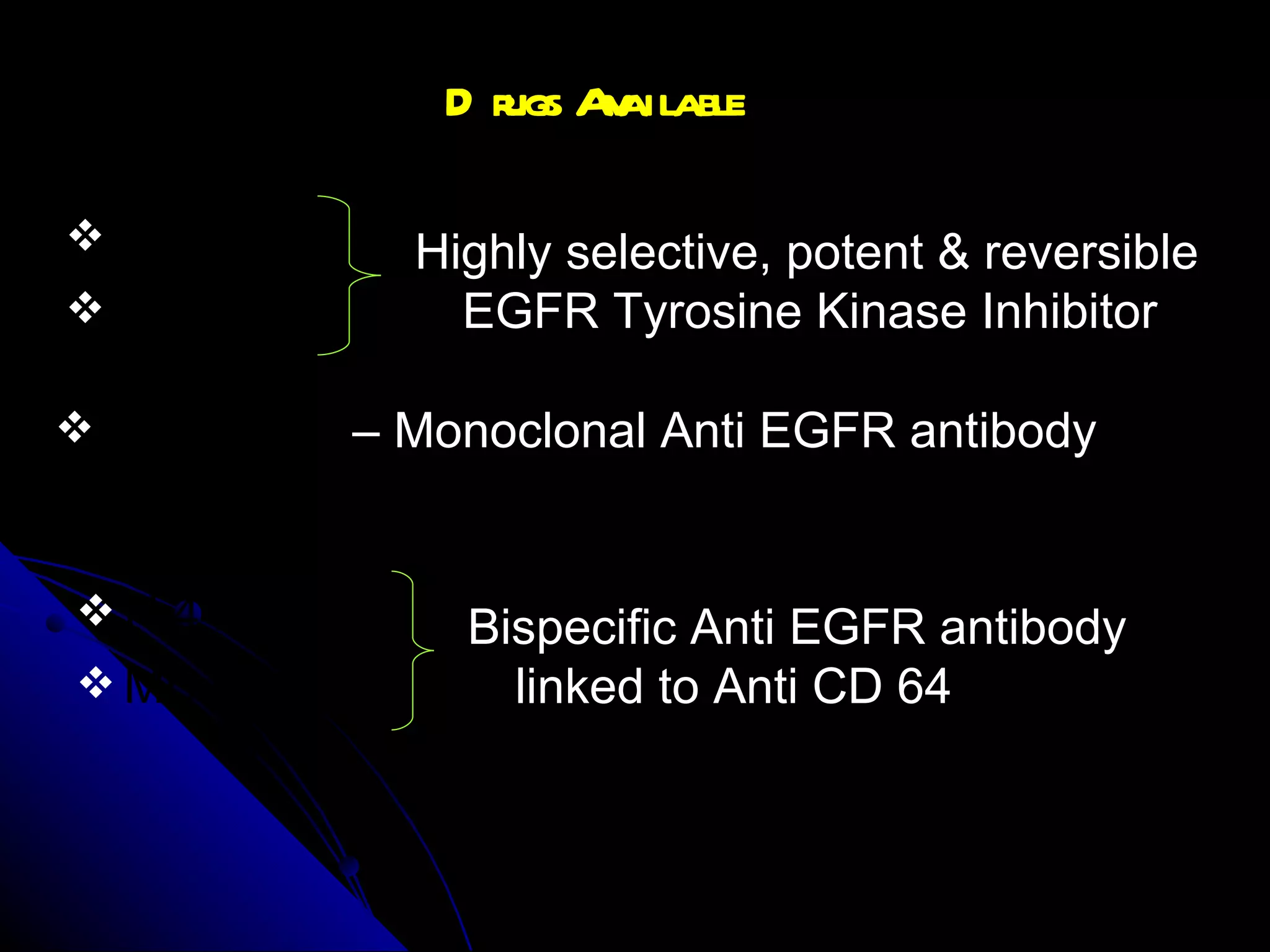 Drugs Available Cetuximab  – Monoclonal Anti EGFR antibody Gefitinib Erlotinib Highly selective, potent & reversible EGFR Tyrosine Kinase Inhibitor  H 447 MDX 210 Bispecific Anti EGFR antibody linked to Anti CD 64 