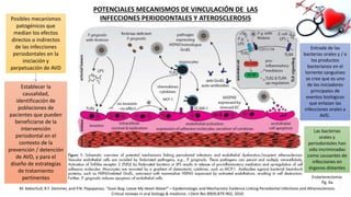 M. Kebschull, R.T. Demmer, and P.N. Papapanou. “Gum Bug, Leave My Heart Alone!”—Epidemiologic and Mechanistic Evidence Linking Periodontal Infections and Atherosclerosis.
Critical reviews in oral biology & medicine. J Dent Res 89(9):879-902, 2010
POTENCIALES MECANISMOS DE VINCULACIÓN DE LAS
INFECCIONES PERIODONTALES Y ATEROSCLEROSISPosibles mecanismos
patogénicos que
median los efectos
directos o indirectos
de las infecciones
periodontales en la
iniciación y
perpetuación de AVD
Establecer la
causalidad,
identificación de
poblaciones de
pacientes que pueden
beneficiarse de la
intervención
periodontal en el
contexto de la
prevención / detención
de AVD, y para el
diseño de estrategias
de tratamiento
pertinentes
MCP-1
Entrada de las
bacterias orales y / o
los productos
bacterianos en el
torrente sanguíneo
se cree que es uno
de los iniciadores
principales de
eventos biológicos
que enlazan las
infecciones orales a
AVD.
Las bacterias
orales y
periodontales han
sido incriminadas
como causantes de
infecciones en
órganos distantes
Endarterectomía.
Pg; Aa
 