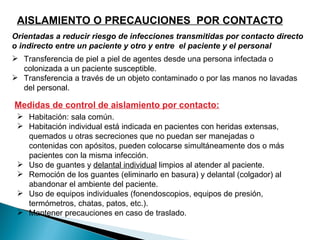 AISLAMIENTO O PRECAUCIONES POR CONTACTO
Orientadas a reducir riesgo de infecciones transmitidas por contacto directo
o indirecto entre un paciente y otro y entre el paciente y el personal
 Transferencia de piel a piel de agentes desde una persona infectada o
  colonizada a un paciente susceptible.
 Transferencia a través de un objeto contaminado o por las manos no lavadas
  del personal.

Medidas de control de aislamiento por contacto:
  Habitación: sala común.
  Habitación individual está indicada en pacientes con heridas extensas,
   quemados u otras secreciones que no puedan ser manejadas o
   contenidas con apósitos, pueden colocarse simultáneamente dos o más
   pacientes con la misma infección.
  Uso de guantes y delantal individual limpios al atender al paciente.
  Remoción de los guantes (eliminarlo en basura) y delantal (colgador) al
   abandonar el ambiente del paciente.
  Uso de equipos individuales (fonendoscopios, equipos de presión,
   termómetros, chatas, patos, etc.).
  Mantener precauciones en caso de traslado.
 