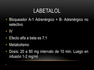 tratamientoPrevención.Antihipertensivos incluso la mañana de la cirugía.En ER HTA tratamiento EVDisminuir TA no mas de un 25%Reducir la diastólica 10-15% o aprox. 110mmHg después de 30-60minNo ser muy agresivo para evitar hipoperfusión de órganos diana  