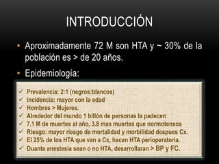 INTRODUCCIÓNAproximadamente 72 M son HTA y ~ 30% de la población es > de 20 años.Epidemiología:Predictores: Historia, PAD> 110mmHg, tipoCx.Perioperativo: tiempo de hospitalización, preoperativo, intraoperativo y post-quirúrgico (3-4 días) .Prevalencia: 2:1 (negros:blancos)