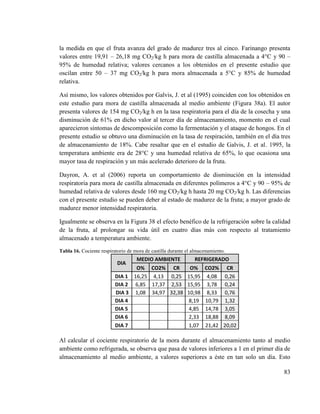 83
la medida en que el fruta avanza del grado de madurez tres al cinco. Farinango presenta
valores entre 19,91 – 26,18 mg CO2/kg h para mora de castilla almacenada a 4°C y 90 –
95% de humedad relativa; valores cercanos a los obtenidos en el presente estudio que
oscilan entre 50 – 37 mg CO2/kg h para mora almacenada a 5°C y 85% de humedad
relativa.
Así mismo, los valores obtenidos por Galvis, J. et al (1995) coinciden con los obtenidos en
este estudio para mora de castilla almacenada al medio ambiente (Figura 38a). El autor
presenta valores de 154 mg CO2/kg h en la tasa respiratoria para el día de la cosecha y una
disminución de 61% en dicho valor al tercer día de almacenamiento, momento en el cual
aparecieron síntomas de descomposición como la fermentación y el ataque de hongos. En el
presente estudio se obtuvo una disminución en la tasa de respiración, también en el día tres
de almacenamiento de 18%. Cabe resaltar que en el estudio de Galvis, J. et al. 1995, la
temperatura ambiente era de 28°C y una humedad relativa de 65%, lo que ocasiona una
mayor tasa de respiración y un más acelerado deterioro de la fruta.
Dayron, A. et al (2006) reporta un comportamiento de disminución en la intensidad
respiratoria para mora de castilla almacenada en diferentes polímeros a 4°C y 90 – 95% de
humedad relativa de valores desde 160 mg CO2/kg h hasta 20 mg CO2/kg h. Las diferencias
con el presente estudio se pueden deber al estado de madurez de la fruta; a mayor grado de
madurez menor intensidad respiratoria.
Igualmente se observa en la Figura 38 el efecto benéfico de la refrigeración sobre la calidad
de la fruta, al prolongar su vida útil en cuatro días más con respecto al tratamiento
almacenado a temperatura ambiente.
Tabla 16. Cociente respiratorio de mora de castilla durante el almacenamiento.
DIA
MEDIO AMBIENTE REFRIGERADO
O% CO2% CR O% CO2% CR
DIA 1 16,25 4,13 0,25 15,95 4,08 0,26
DIA 2 6,85 17,37 2,53 15,95 3,78 0,24
DIA 3 1,08 34,97 32,38 10,98 8,33 0,76
DIA 4 8,19 10,79 1,32
DIA 5 4,85 14,78 3,05
DIA 6 2,33 18,88 8,09
DIA 7 1,07 21,42 20,02
Al calcular el cociente respiratorio de la mora durante el almacenamiento tanto al medio
ambiente como refrigerada, se observa que pasa de valores inferiores a 1 en el primer día de
almacenamiento al medio ambiente, a valores superiores a éste en tan solo un día. Esto
 