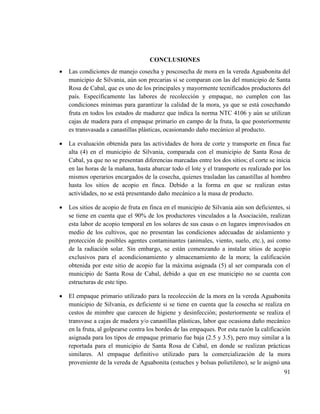91
CONCLUSIONES
 Las condiciones de manejo cosecha y poscosecha de mora en la vereda Aguabonita del
municipio de Silvania, aún son precarias si se comparan con las del municipio de Santa
Rosa de Cabal, que es uno de los principales y mayormente tecnificados productores del
país. Específicamente las labores de recolección y empaque, no cumplen con las
condiciones mínimas para garantizar la calidad de la mora, ya que se está cosechando
fruta en todos los estados de madurez que indica la norma NTC 4106 y aún se utilizan
cajas de madera para el empaque primario en campo de la fruta, la que posteriormente
es transvasada a canastillas plásticas, ocasionando daño mecánico al producto.
 La evaluación obtenida para las actividades de hora de corte y transporte en finca fue
alta (4) en el municipio de Silvania, comparada con el municipio de Santa Rosa de
Cabal, ya que no se presentan diferencias marcadas entre los dos sitios; el corte se inicia
en las horas de la mañana, hasta abarcar todo el lote y el transporte es realizado por los
mismos operarios encargados de la cosecha, quienes trasladan las canastillas al hombro
hasta los sitios de acopio en finca. Debido a la forma en que se realizan estas
actividades, no se está presentando daño mecánico a la masa de producto.
 Los sitios de acopio de fruta en finca en el municipio de Silvania aún son deficientes, si
se tiene en cuenta que el 90% de los productores vinculados a la Asociación, realizan
esta labor de acopio temporal en los solares de sus casas o en lugares improvisados en
medio de los cultivos, que no presentan las condiciones adecuadas de aislamiento y
protección de posibles agentes contaminantes (animales, viento, suelo, etc.), así como
de la radiación solar. Sin embargo, se están comenzando a instalar sitios de acopio
exclusivos para el acondicionamiento y almacenamiento de la mora; la calificación
obtenida por este sitio de acopio fue la máxima asignada (5) al ser comparada con el
municipio de Santa Rosa de Cabal, debido a que en ese municipio no se cuenta con
estructuras de este tipo.
 El empaque primario utilizado para la recolección de la mora en la vereda Aguabonita
municipio de Silvania, es deficiente si se tiene en cuenta que la cosecha se realiza en
cestos de mimbre que carecen de higiene y desinfección; posteriormente se realiza el
transvase a cajas de madera y/o canastillas plásticas, labor que ocasiona daño mecánico
en la fruta, al golpearse contra los bordes de las empaques. Por esta razón la calificación
asignada para los tipos de empaque primario fue baja (2.5 y 3.5), pero muy similar a la
reportada para el municipio de Santa Rosa de Cabal, en donde se realizan prácticas
similares. Al empaque definitivo utilizado para la comercialización de la mora
proveniente de la vereda de Aguabonita (estuches y bolsas polietileno), se le asignó una
 